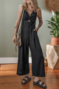 Front Cut Out Smocked Back Sleeveless Wide Leg Jumpsuit.
