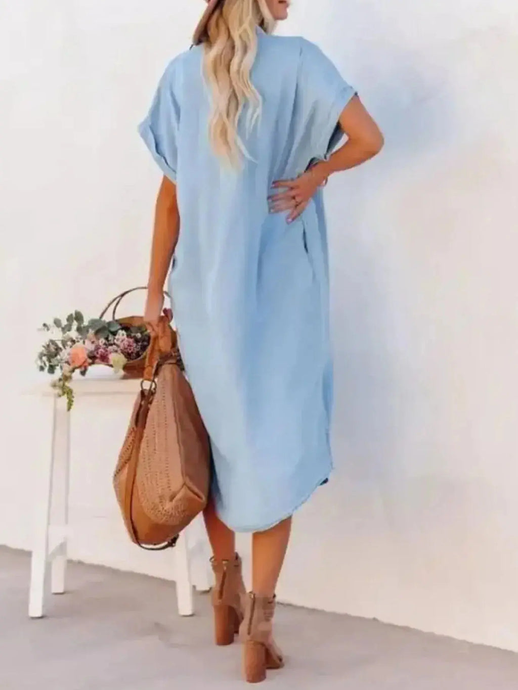 Button Down Denim Midi Shirt Dress.