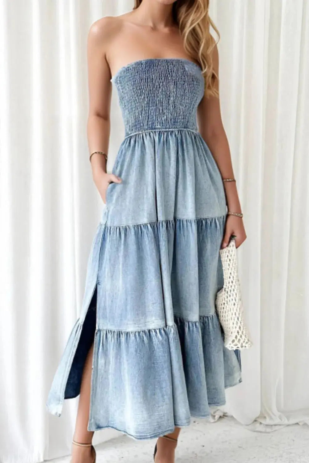 Smocked Tube Slit Tiered Denim Dress.
