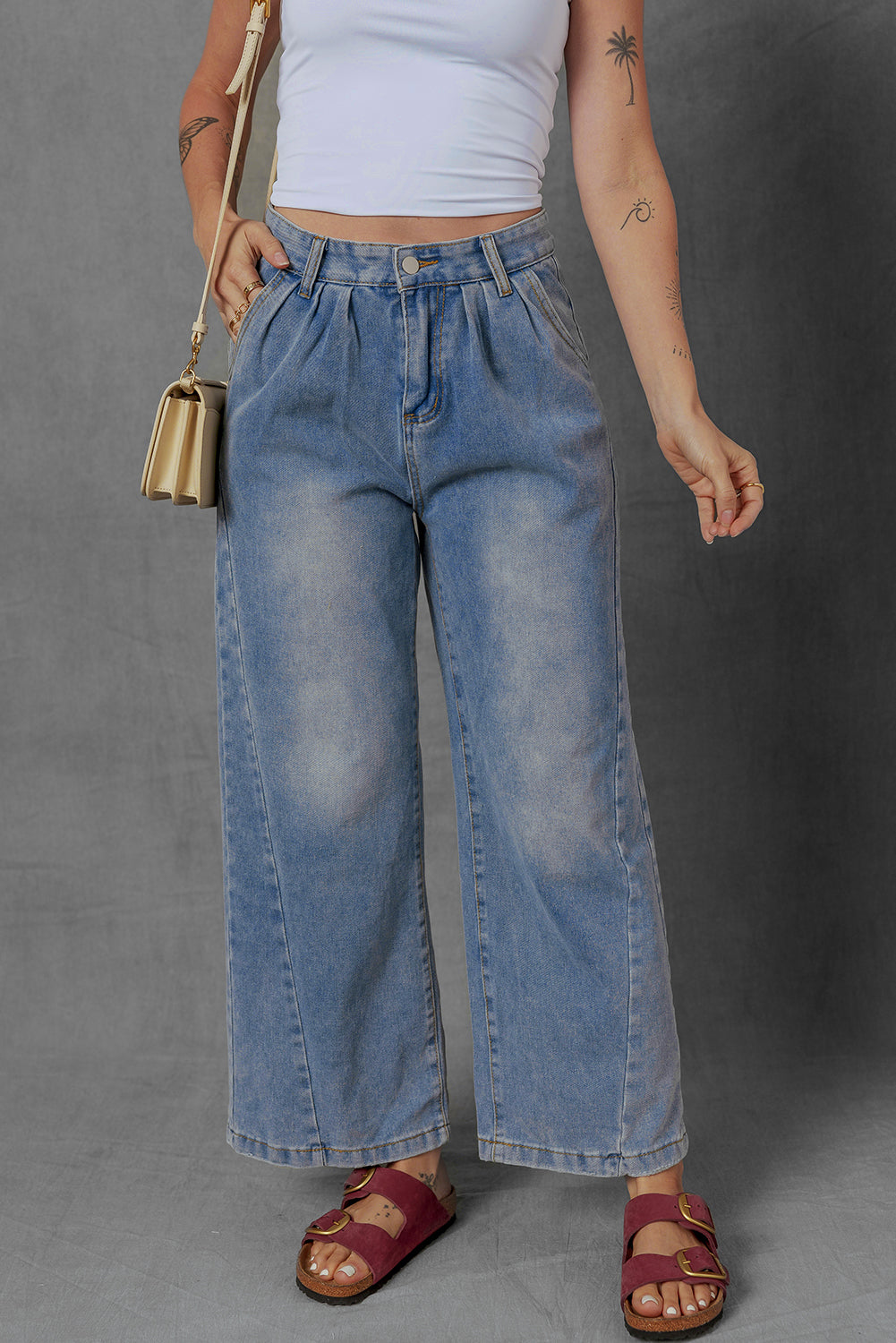 Ashleigh Blue Washed Pleated Detail Wide Leg Jeans Dear-Lover Dropshipping