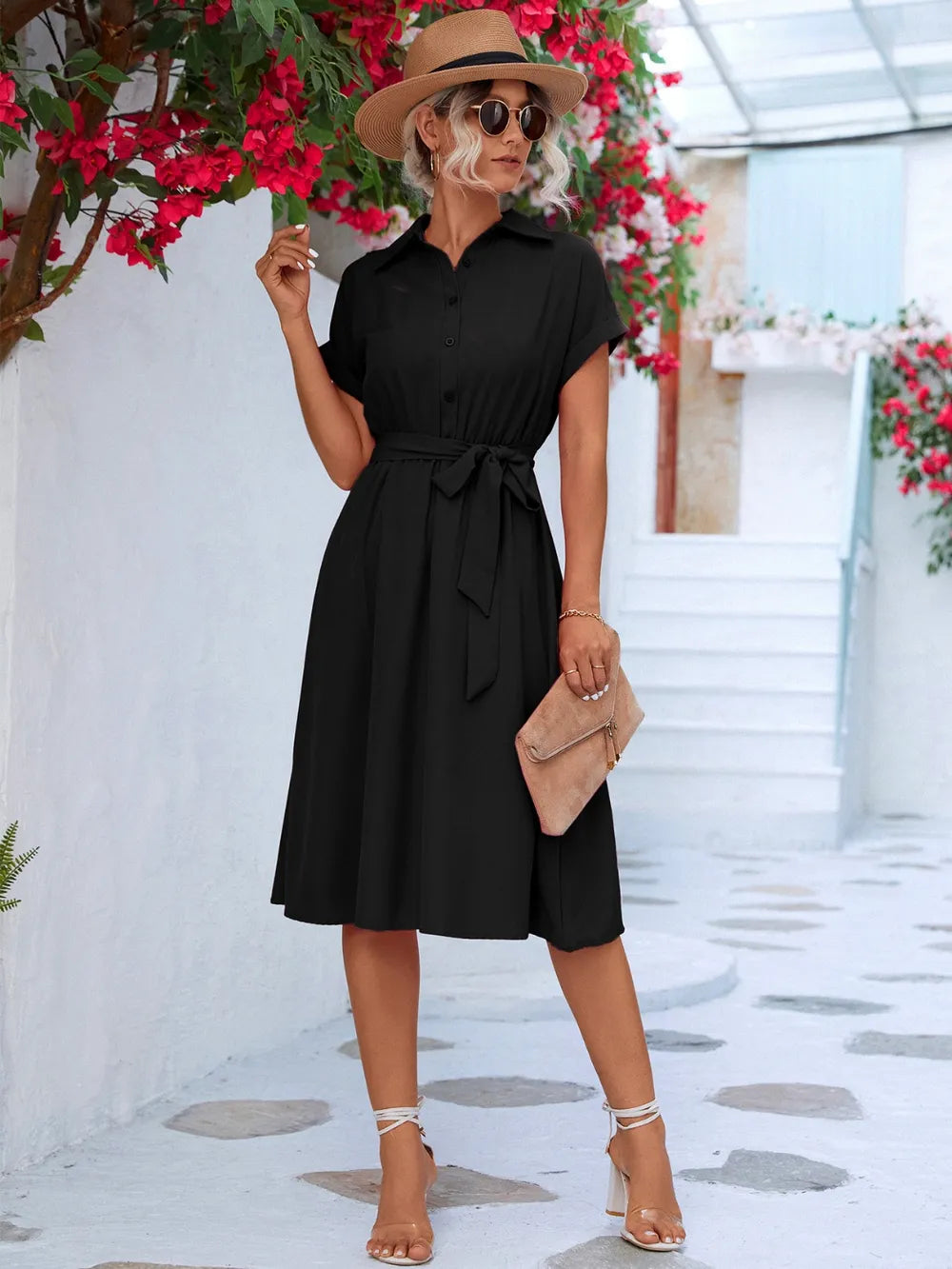 Buttoned Tie Waist Short Sleeve Dress.