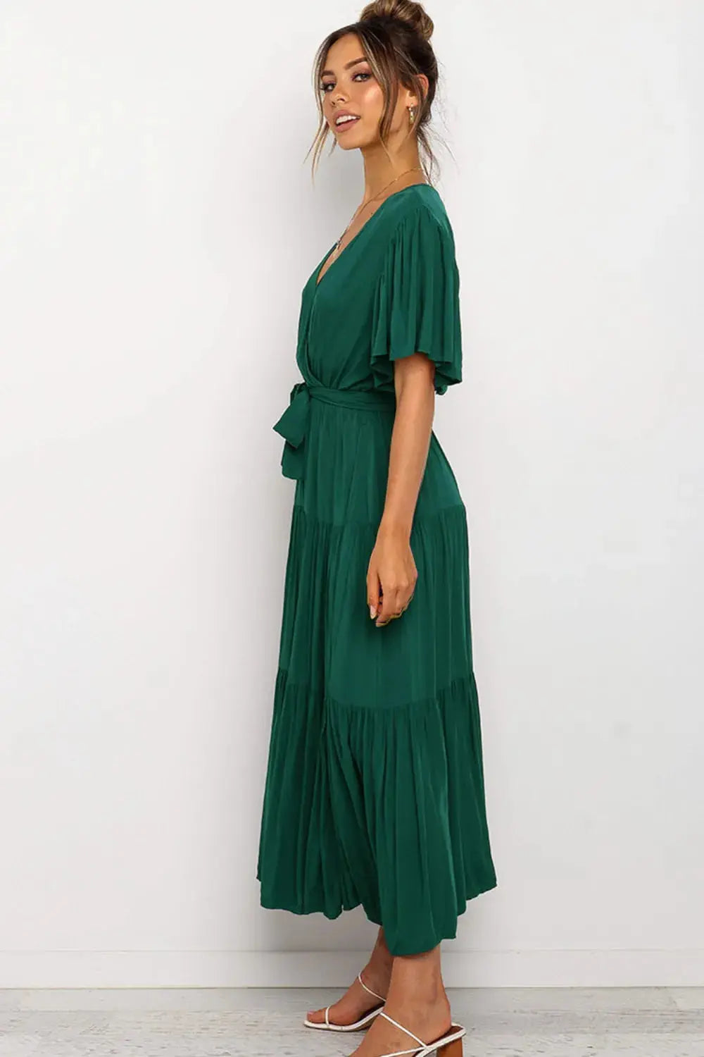 Front Tie Short Sleeve Tiered Midi Dress.