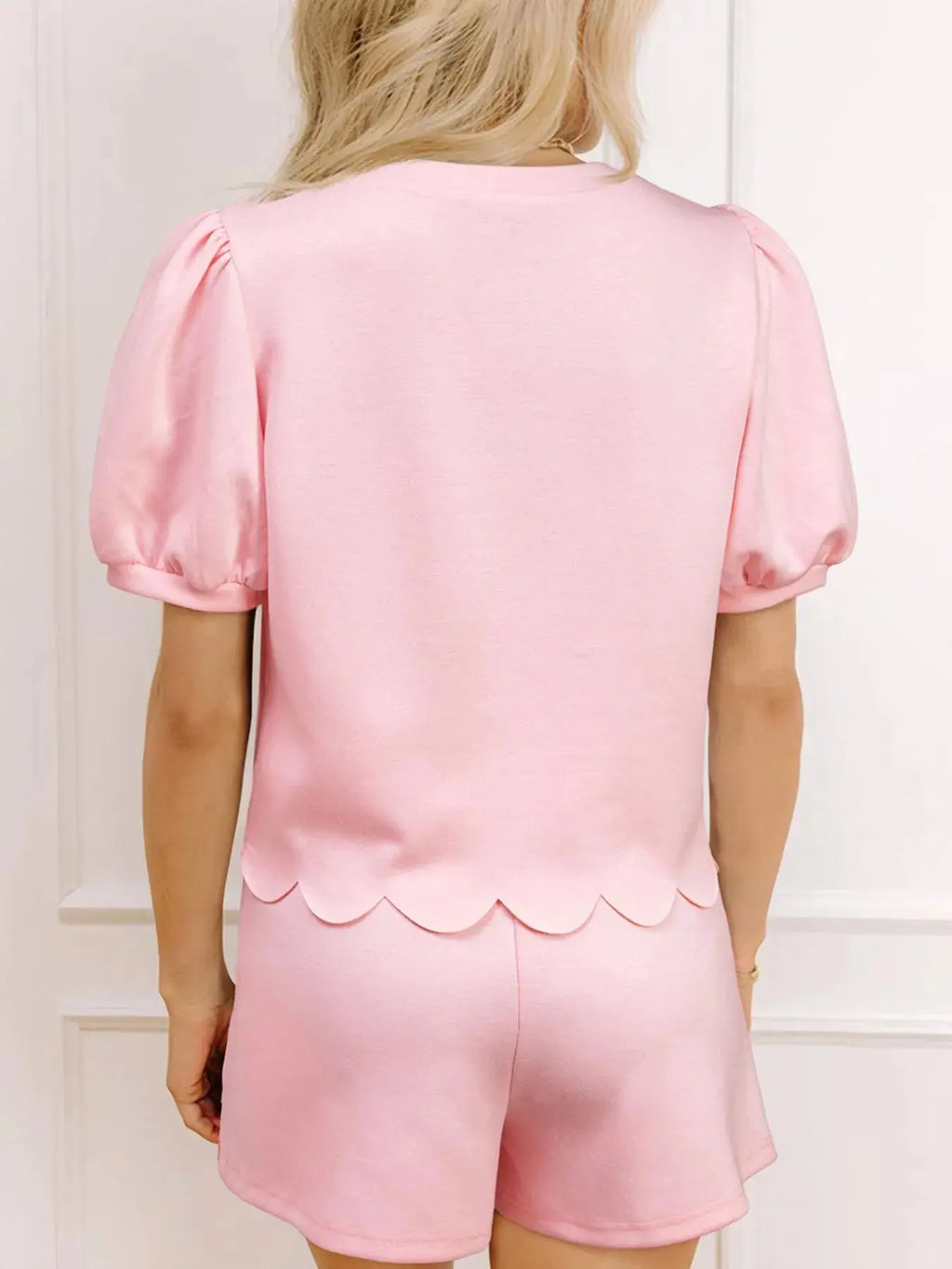 Puff Sleeve Pearl Embellished Scallop Trim Top and Skort Set.