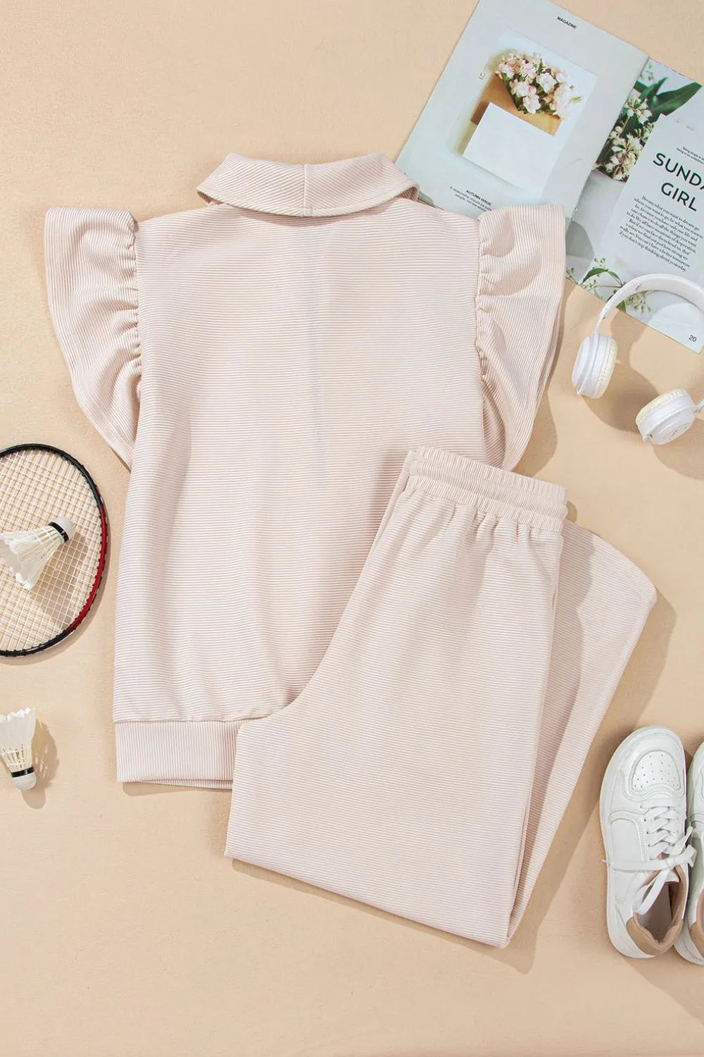 Ruffled Sleeve Zipped Top and Wide Leg Pants Set.