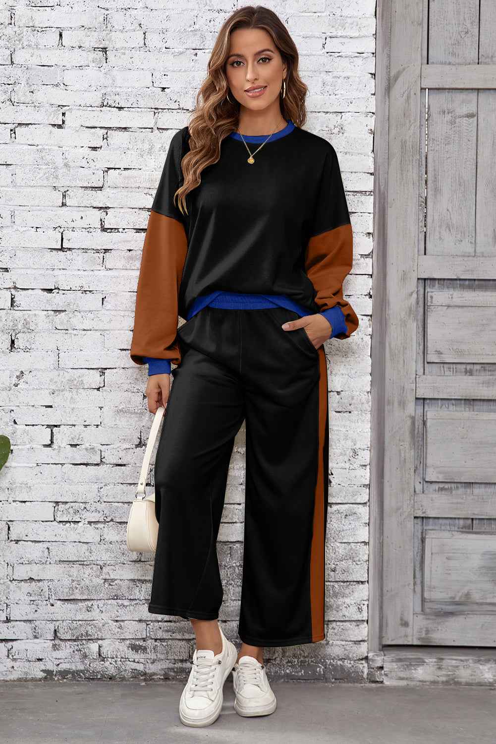 Black 2pcs Color Block Pullover Loose Pant Set
