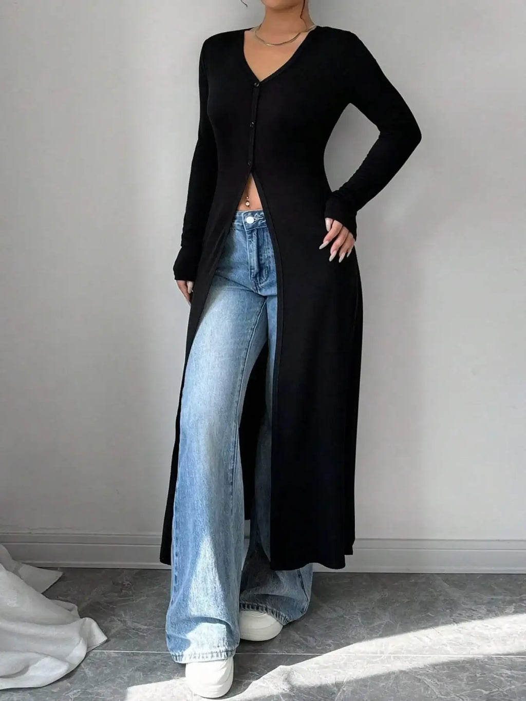 V-Neck Button-Front Longline Cardigan.