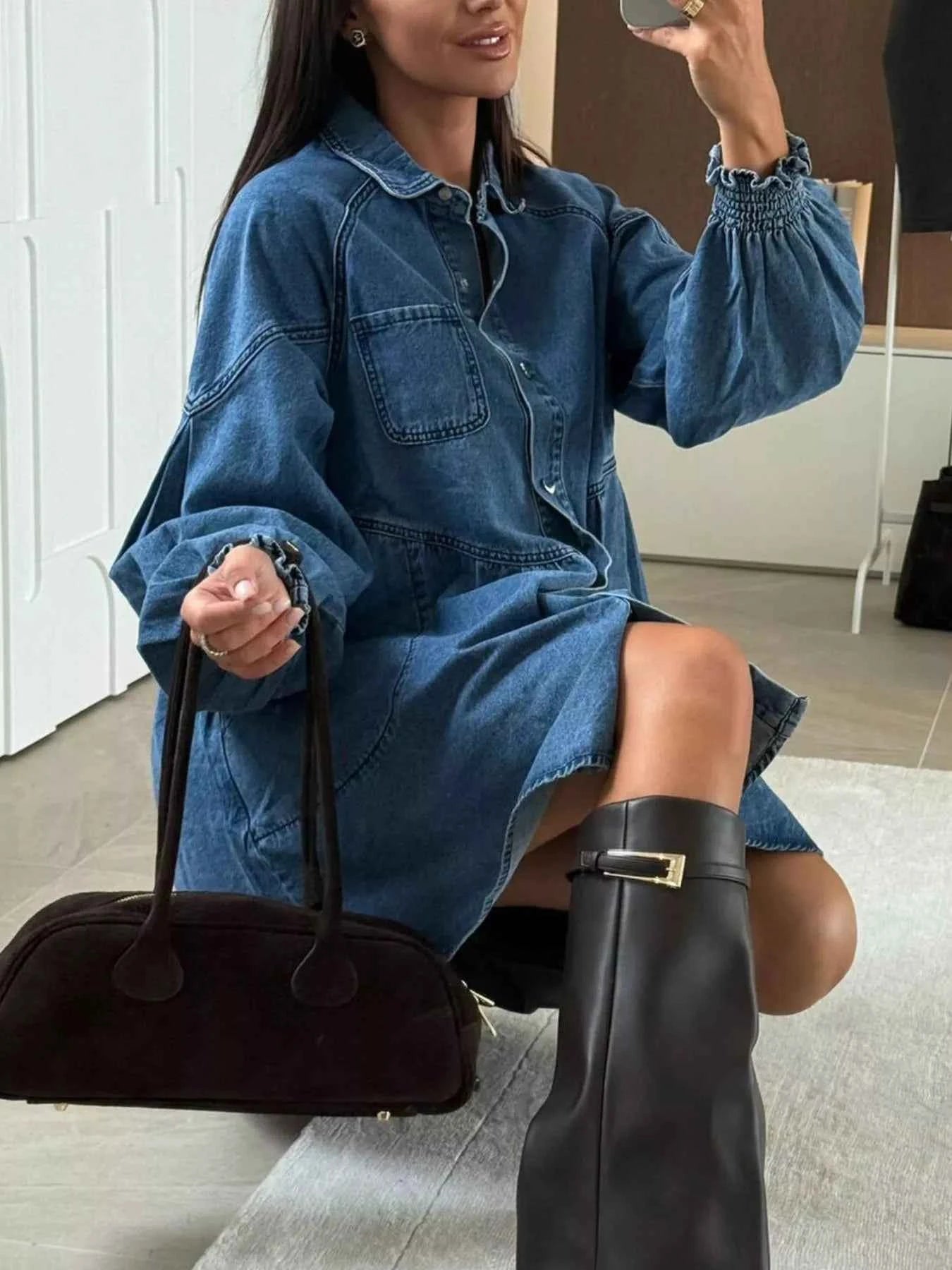 Button Down Mini Denim Dress with Front Pockets
