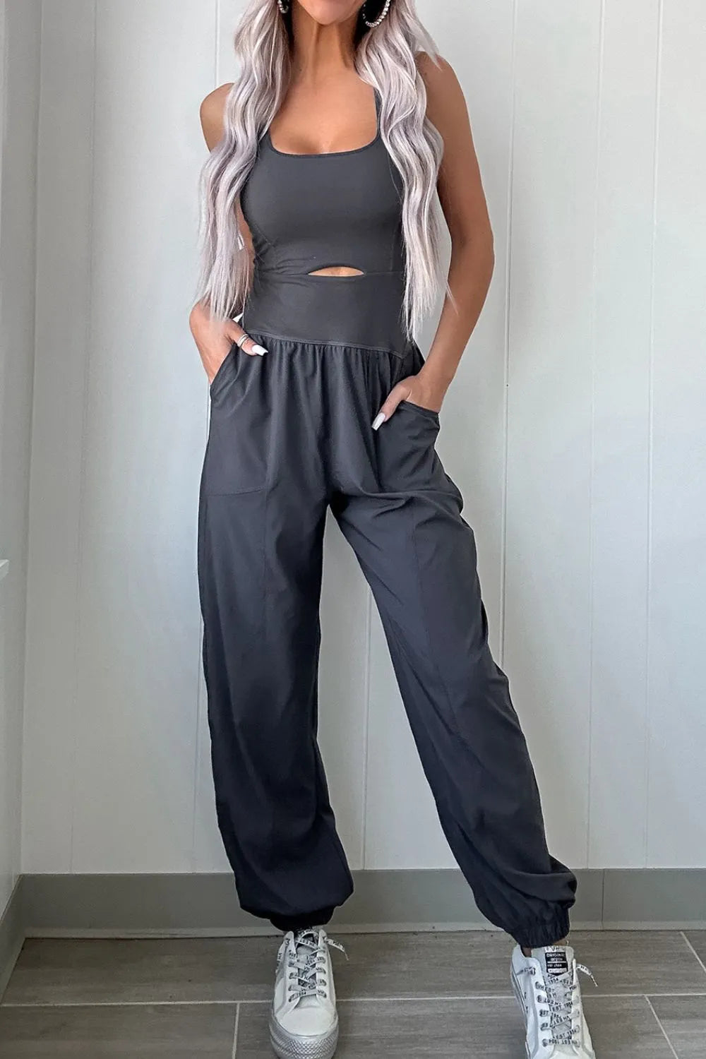 Cutout Square Neck Wide Strap Active Jumpsuit.