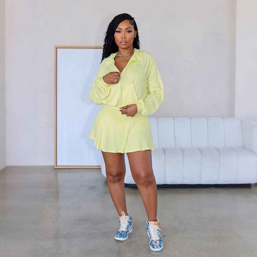 Solid Color Suit Set for Women - Casual Sportswear Two-Piece Skirt and Pants with Hoodie Top