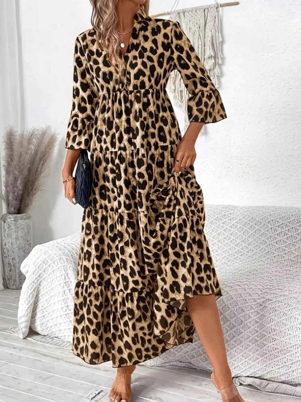 Leopard 3/4 Sleeve Midi Dress