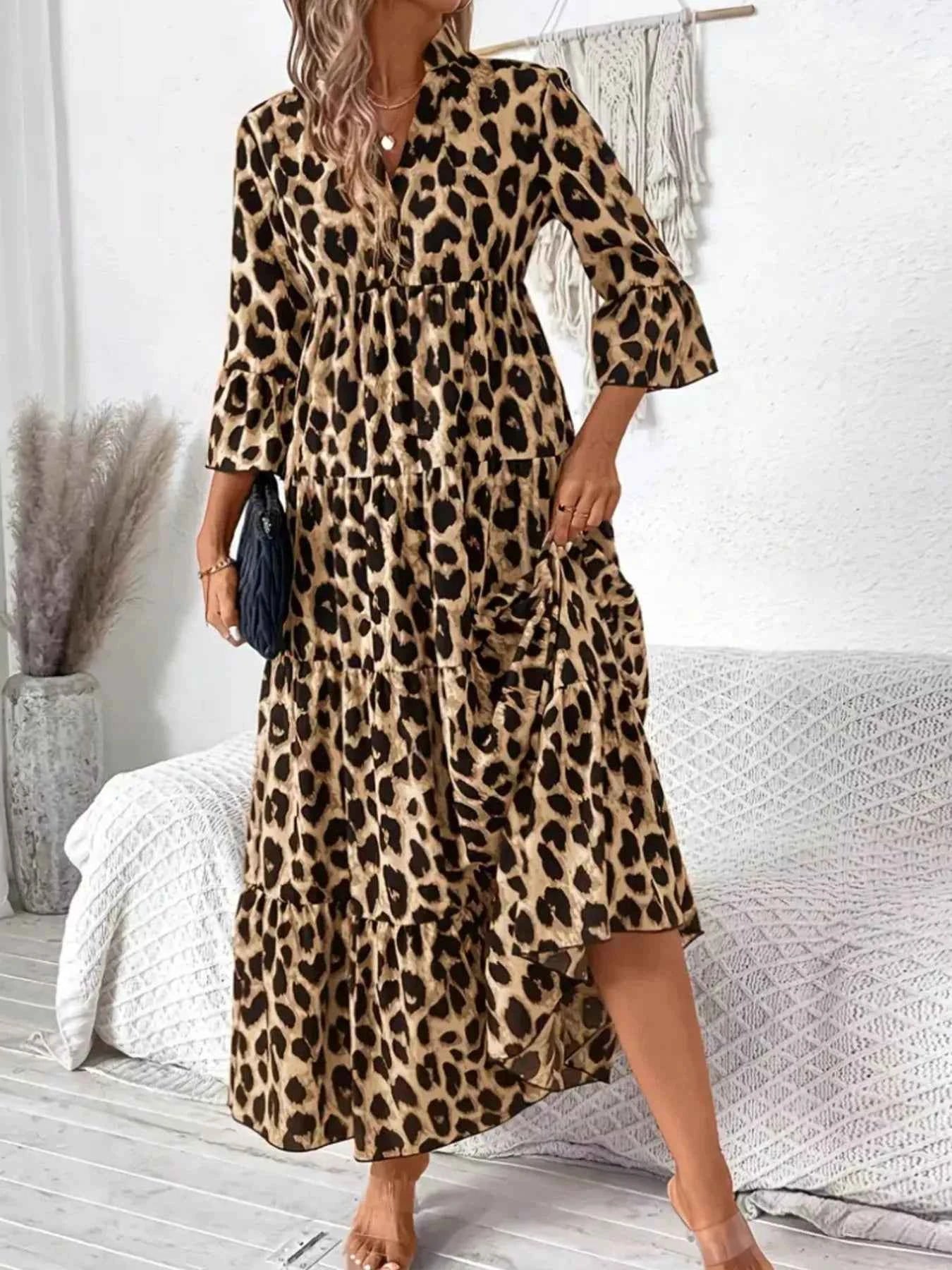 Leopard 3/4 Sleeve Midi Dress