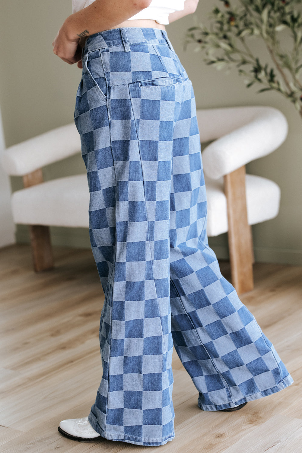 Dusk Blue Checkered Denim Wide Leg Jeans Dear-Lover Dropshipping