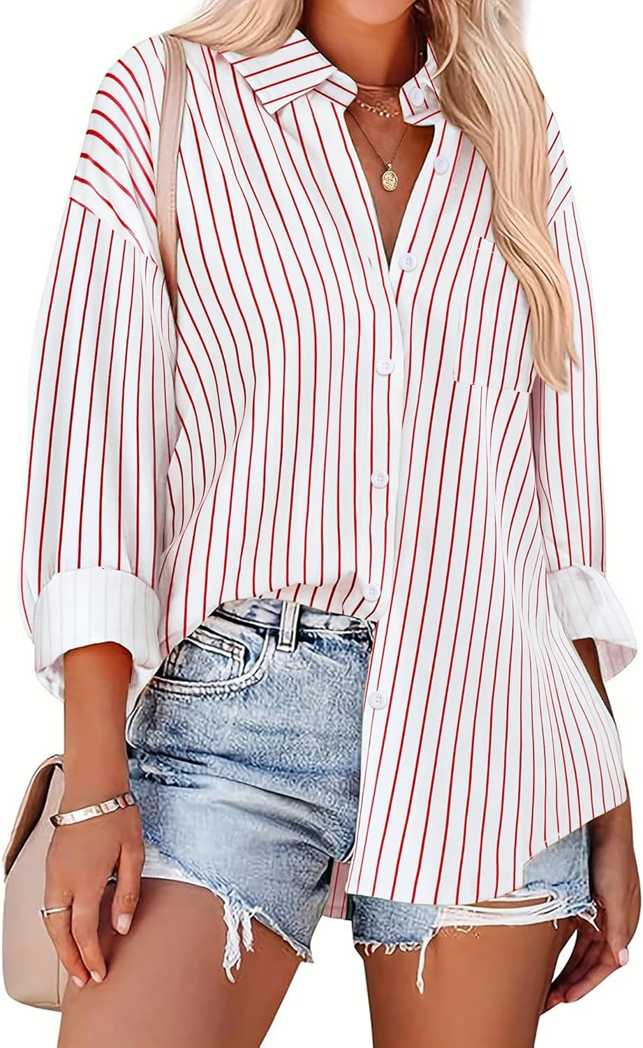HOTOUCH Women Button down Striped Shirts Drop Shoulder Blouse Long Sleeve Oversized Shirt with Pocket