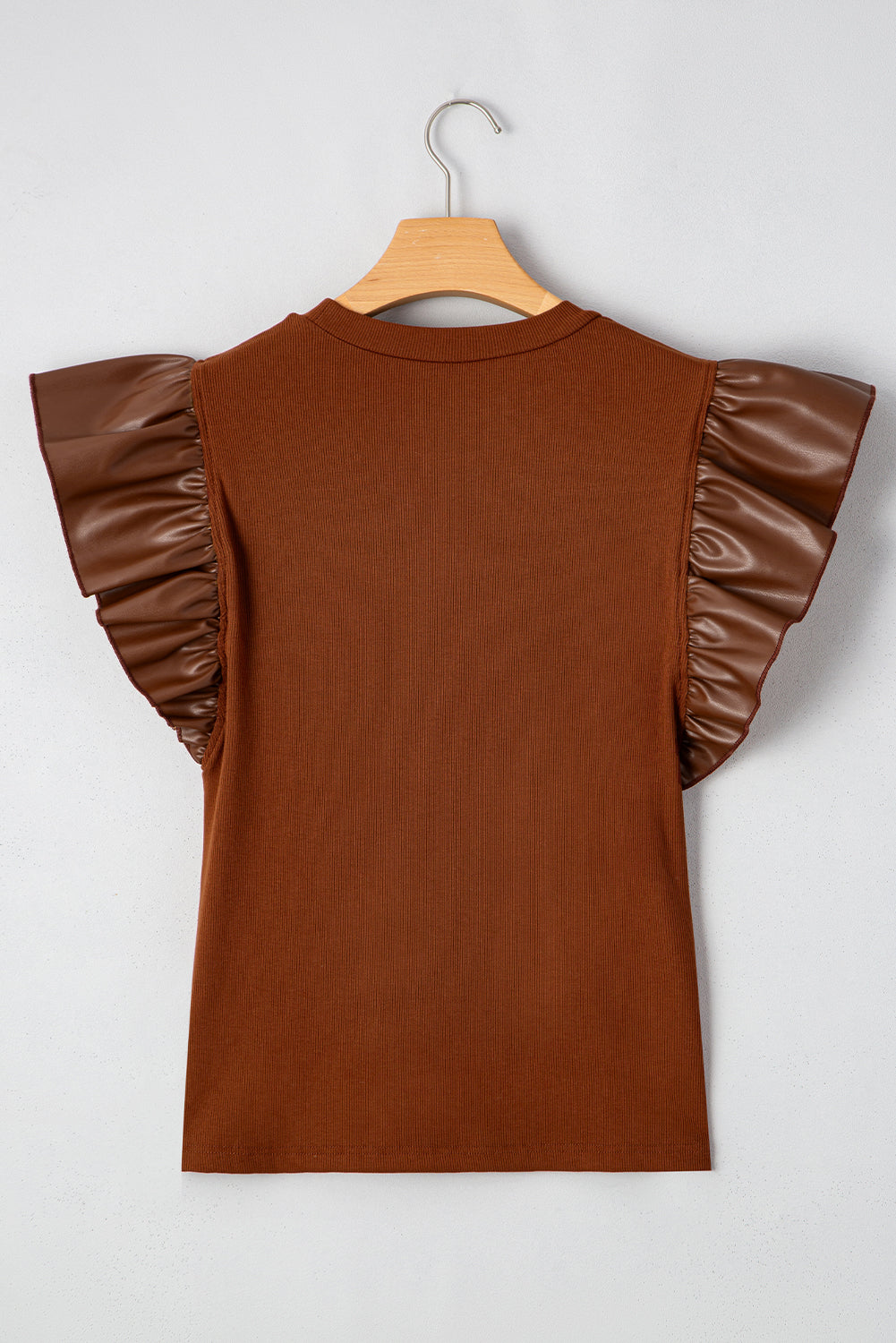 Cinnamon Leather Ruffle Sleeve Patchwork Round Neck Blouse Dear-Lover Dropshipping