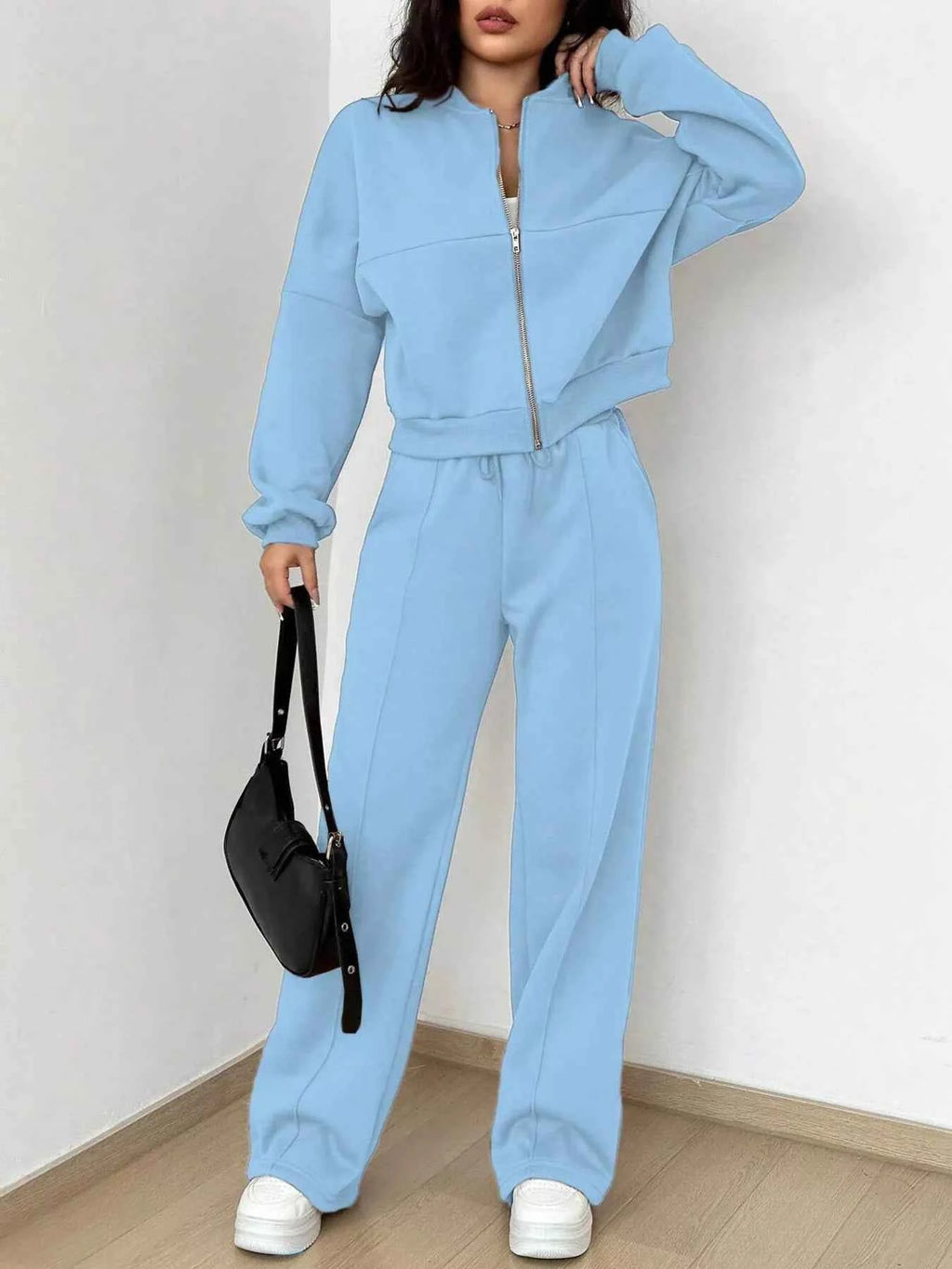 Casual Solid Color Zipper Jacket and Wide Leg Pants Set
