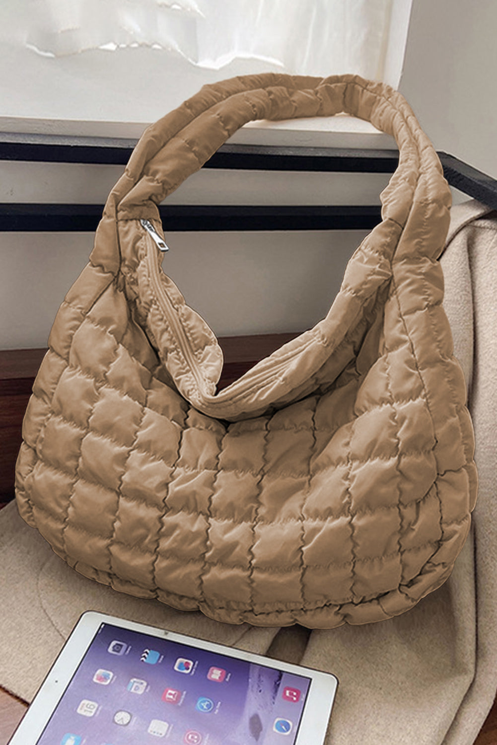 Light French Beige Quilted Zipper Large Shoulder Bag Dear-Lover Dropshipping