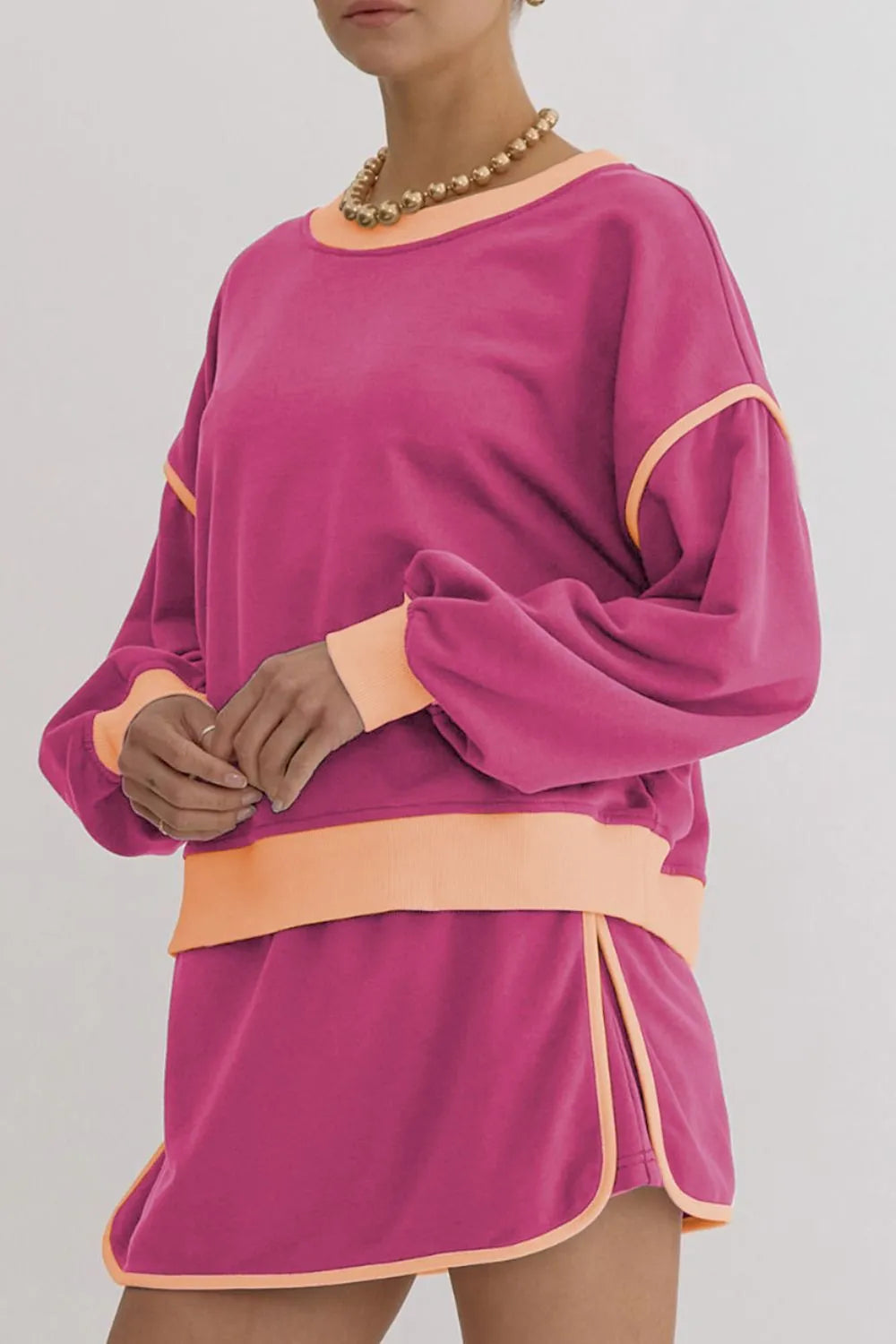 Contrast Trim Round Neck Top and Skort Set.