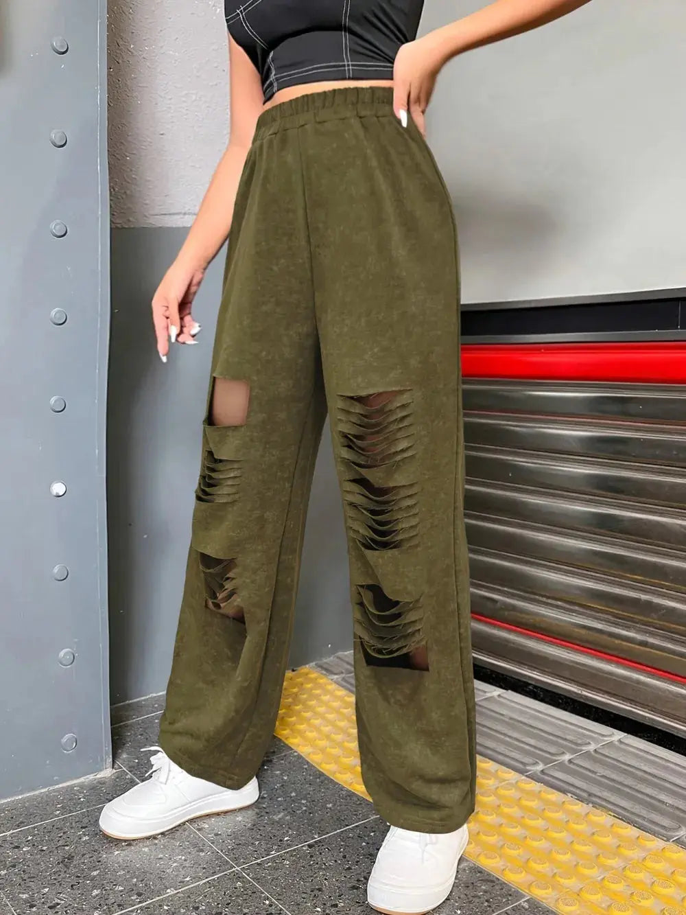Distressed Elastic Waist Straight Leg Pants.