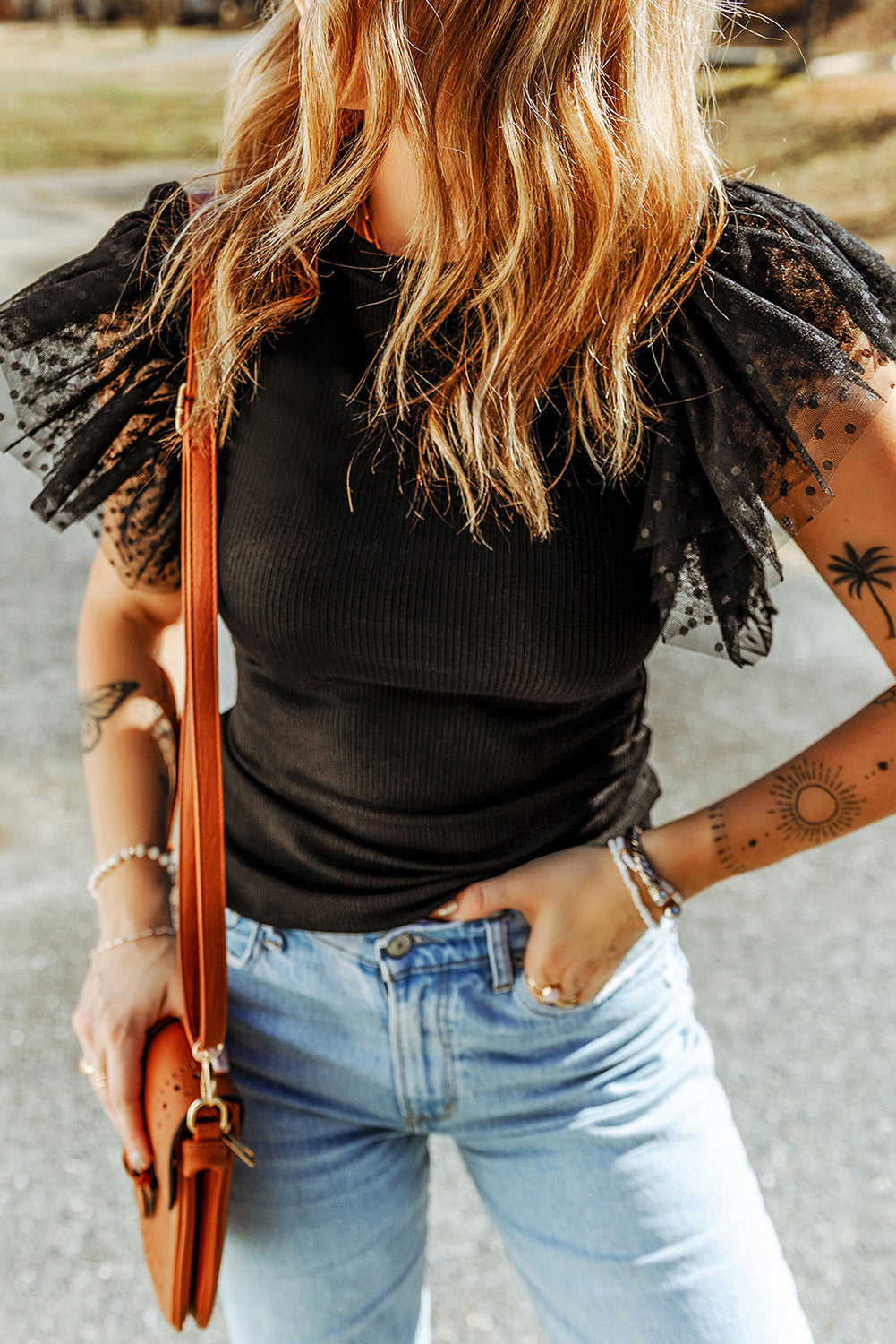 Black Dotty Mesh Ruffle Sleeve Ribbed Knit Top Dear-Lover Dropshipping