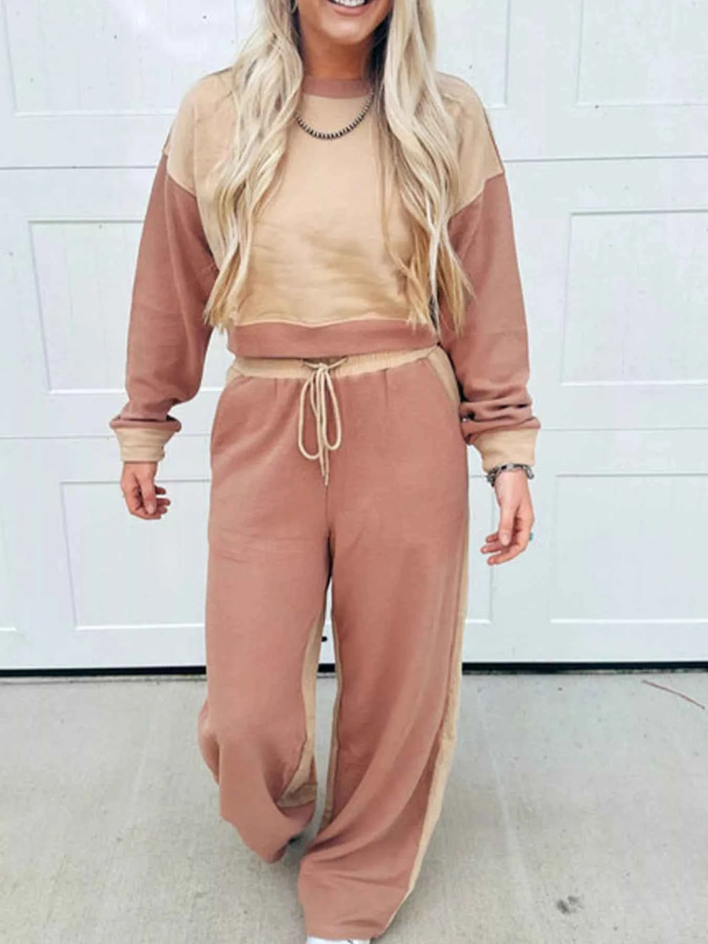 Color Block Long Sleeve Crop Top Drawstring Pant Set