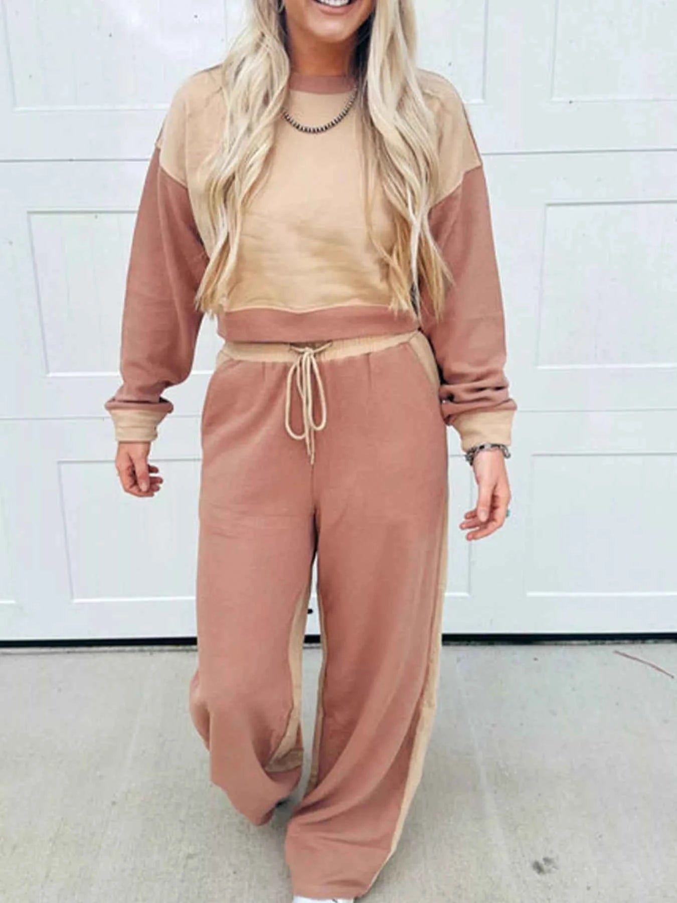 Color Block Long Sleeve Crop Top Drawstring Pant Set