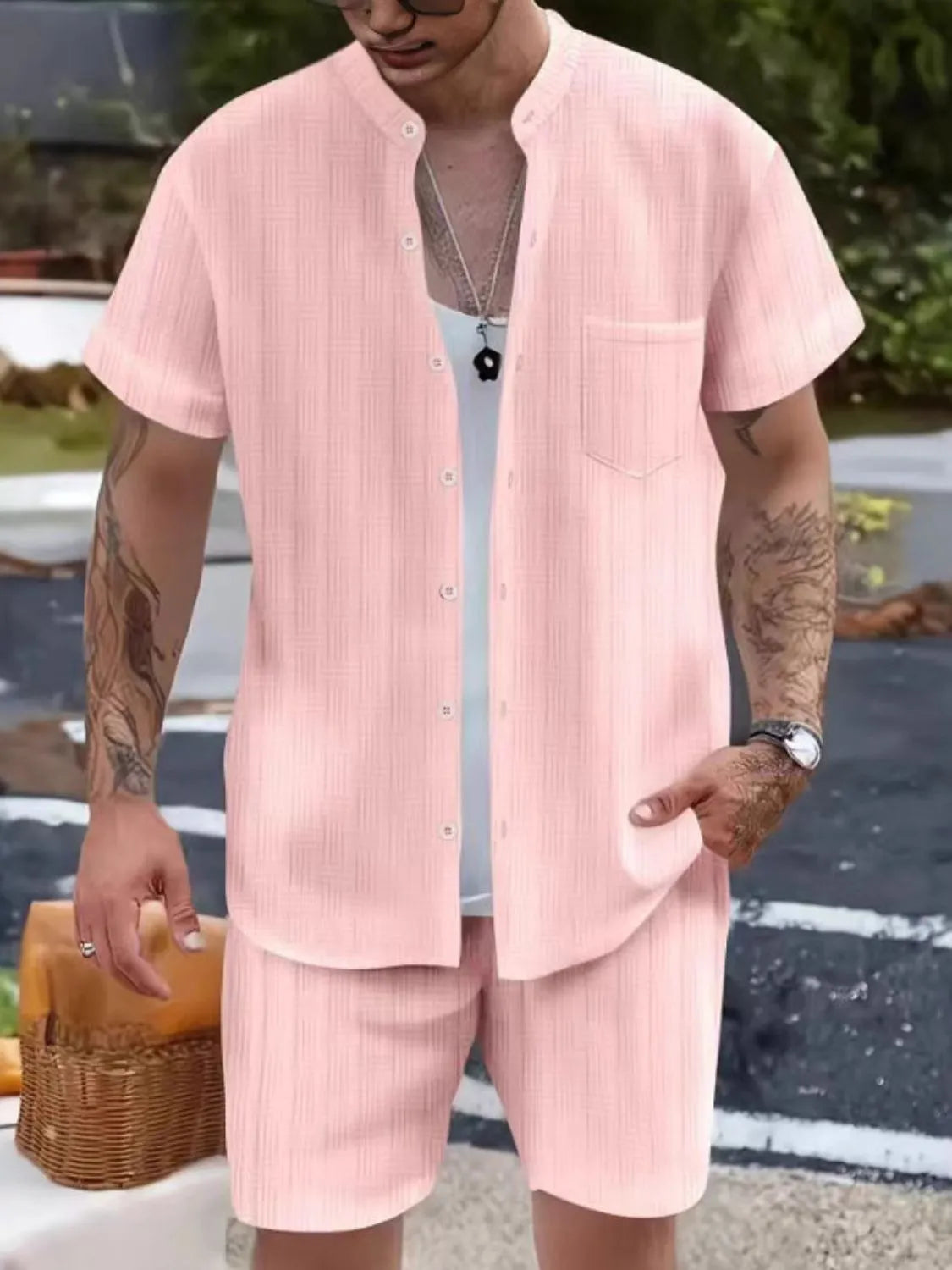 Men's Button Up Short Sleeve Shirt and Shorts Set.