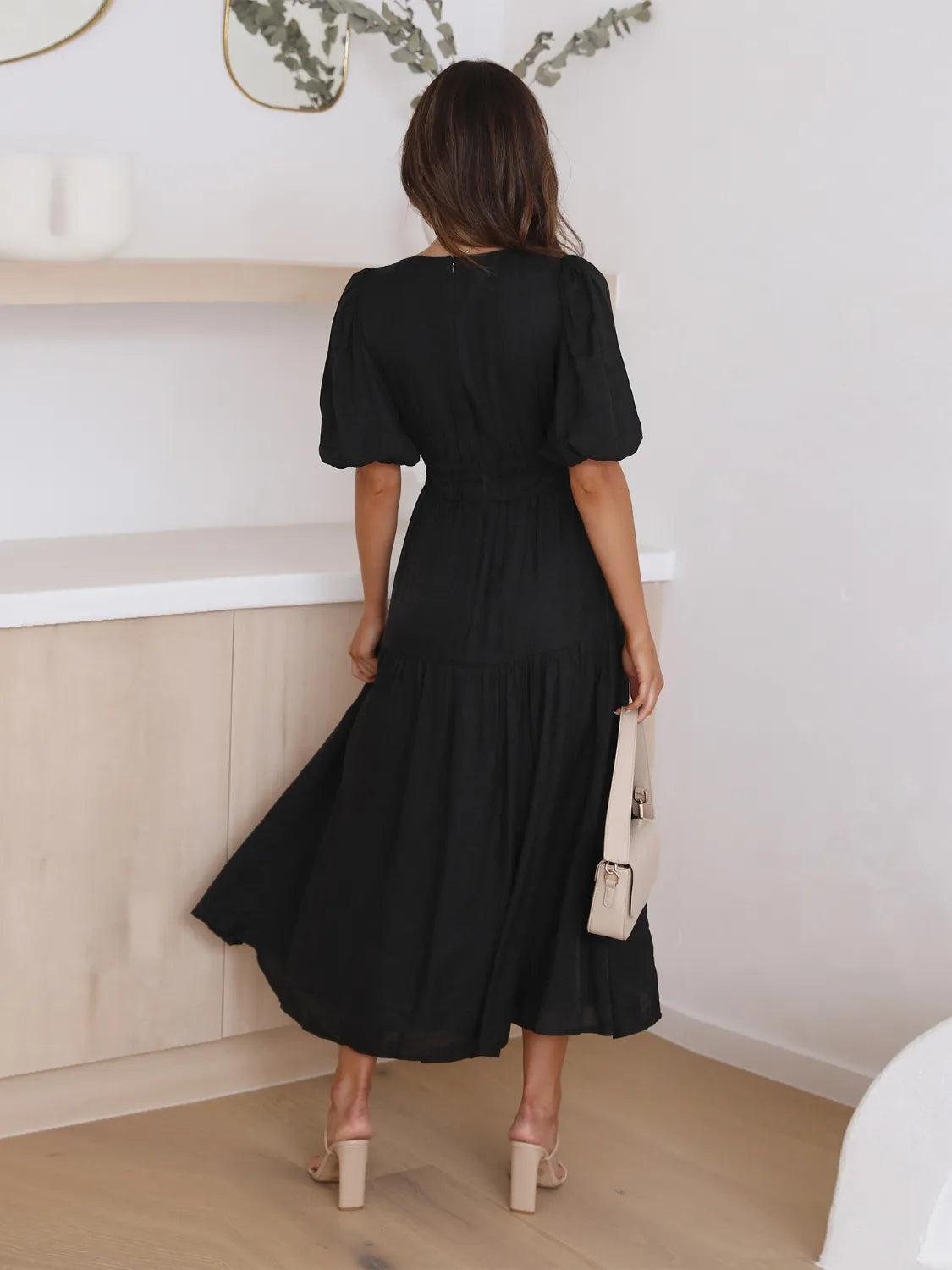 Tiered Surplice Half Sleeve Midi Dress.