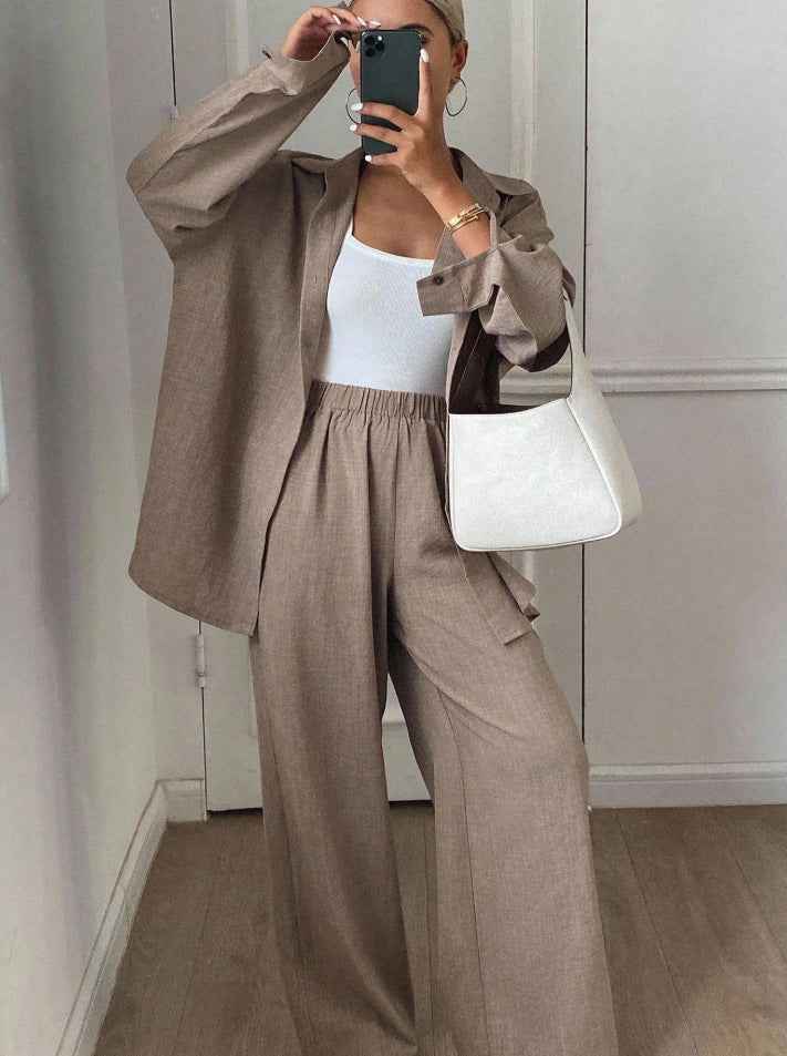 Womens Solid-Color Casual Loose Cotton-Linen Long-Sleeve Shirt And Pants Set