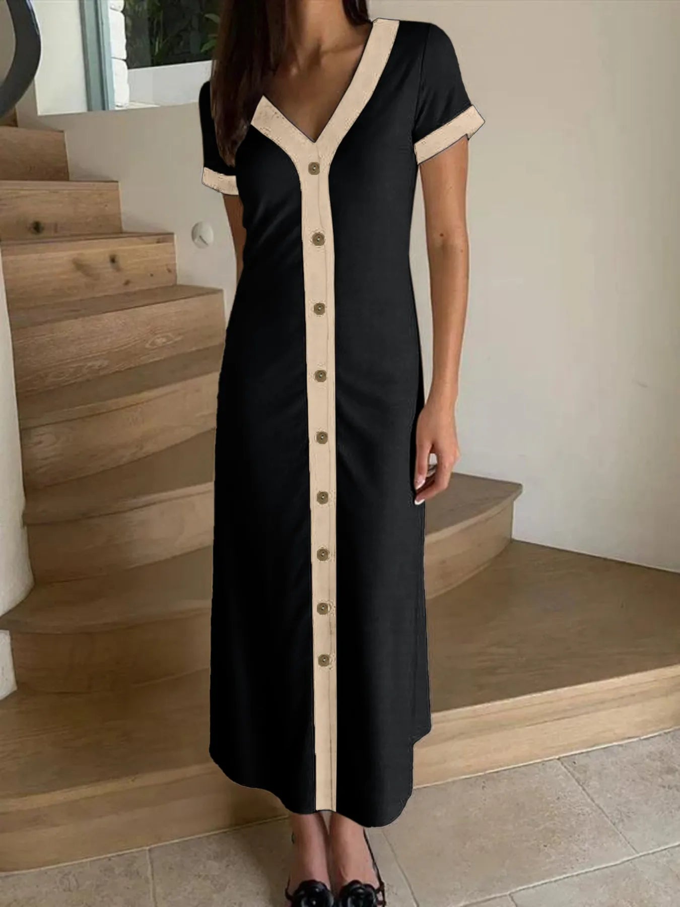 Button-Front Contrast Trim Midi Dress.