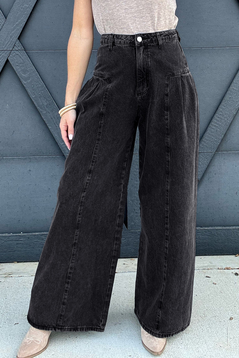 Dark Grey Pleated Wide Leg Mineral Wash Denim Pants Dear-Lover Dropshipping