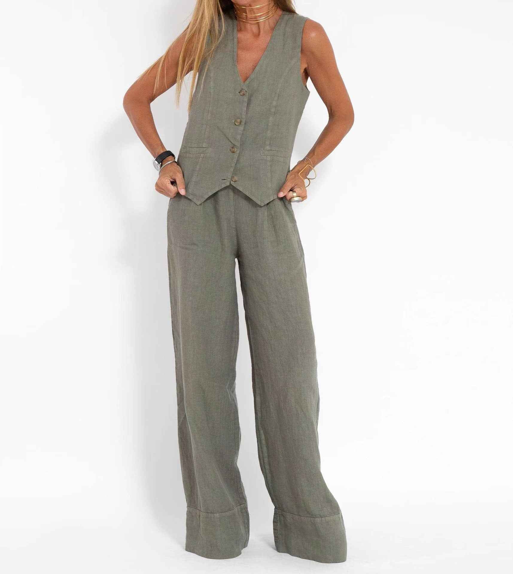 Hot Selling New Trendy Patchwork Vest & Pants Set - Breathable Linen Casual Outfit