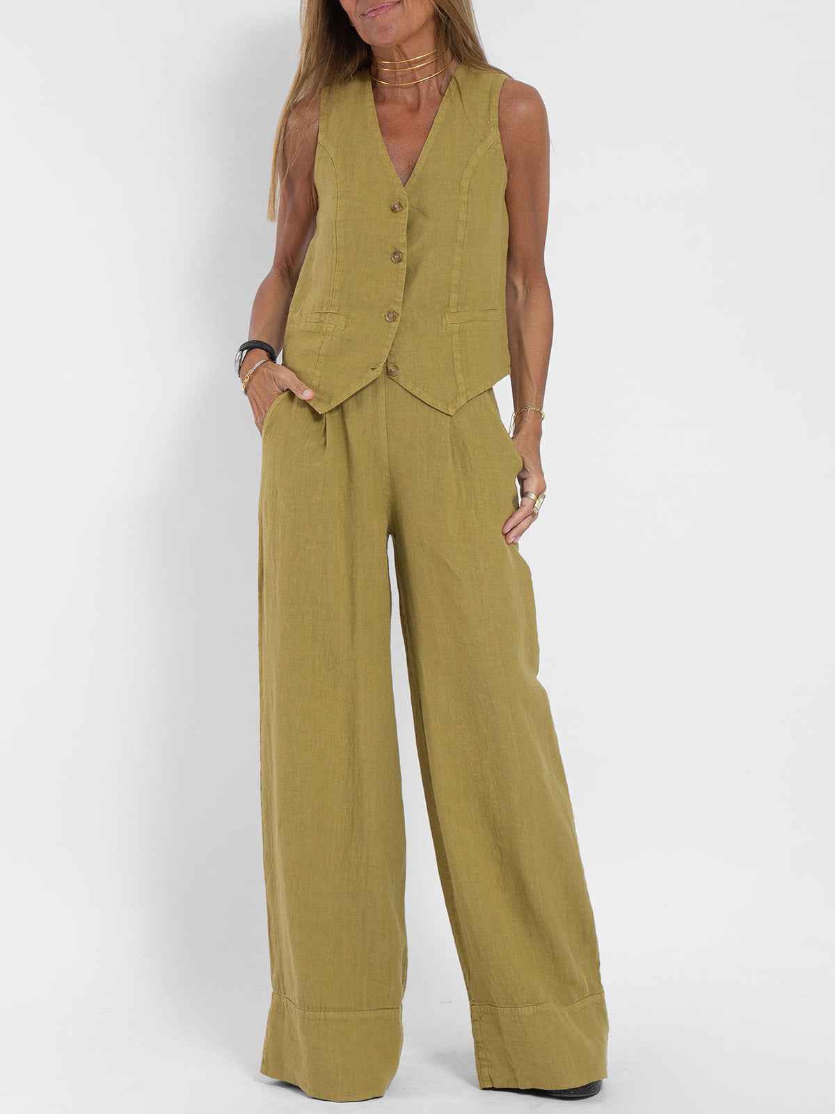 Hot Selling New Trendy Patchwork Vest & Pants Set - Breathable Linen Casual Outfit