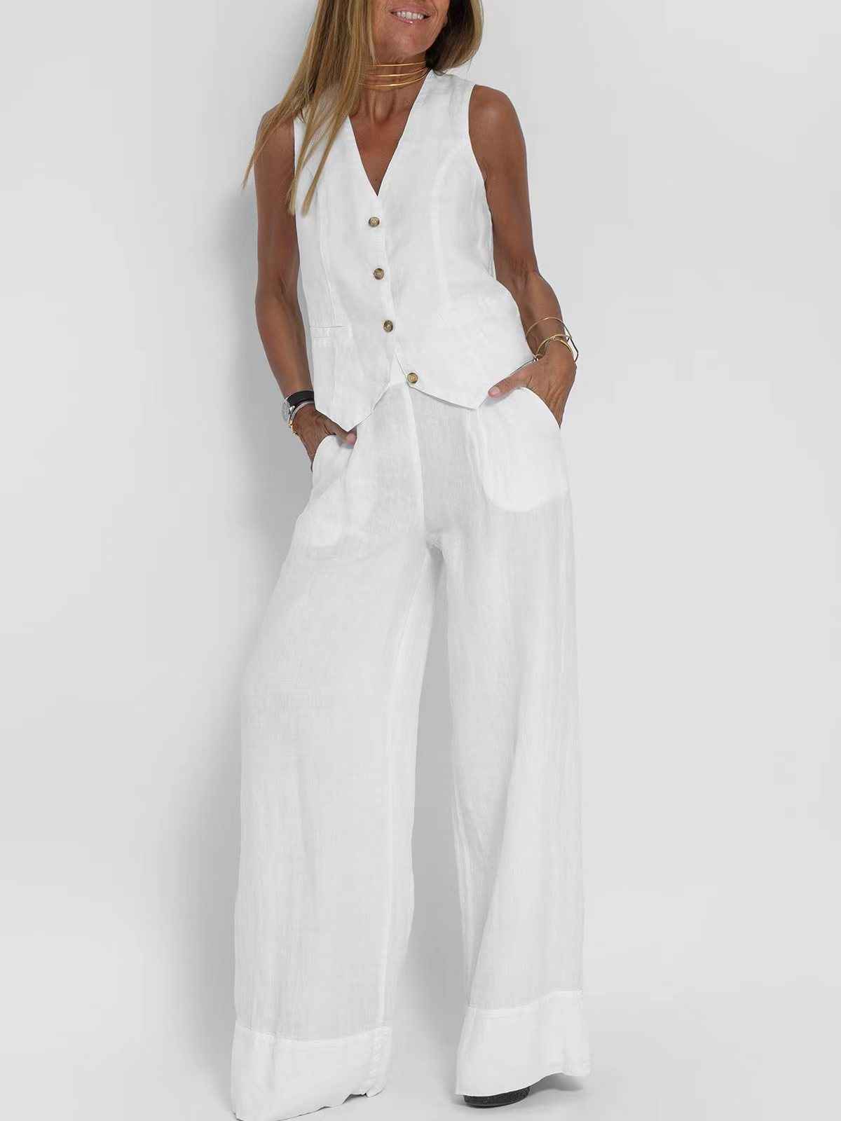 Hot Selling New Trendy Patchwork Vest & Pants Set - Breathable Linen Casual Outfit