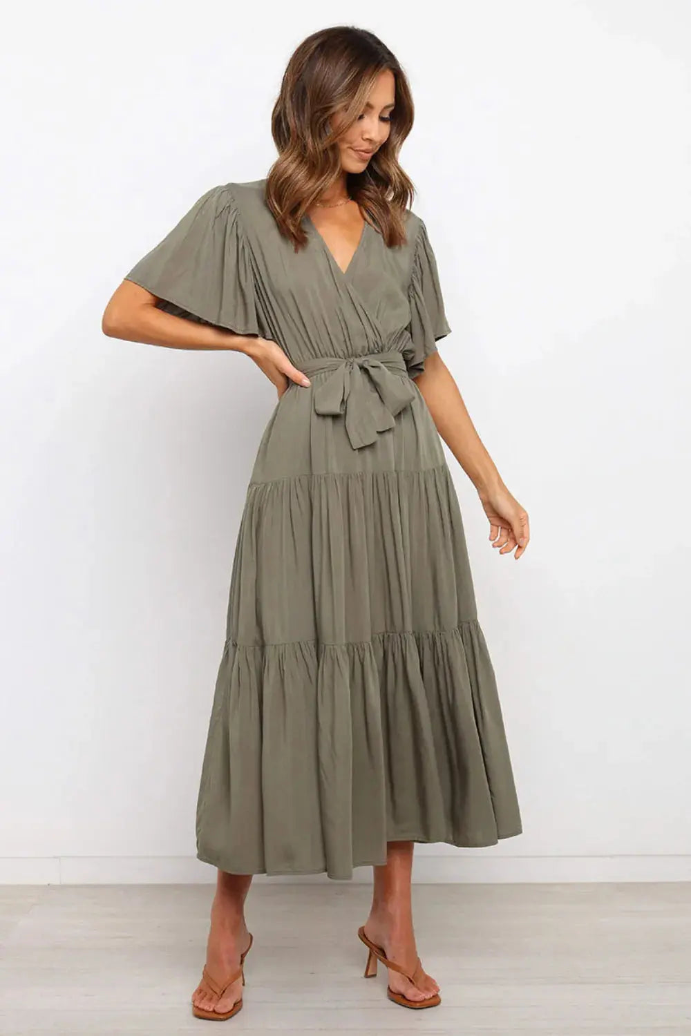 Tied Tiered Short Sleeve Midi Dress.