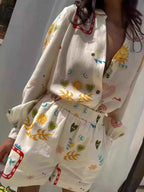Women's Printed Long Sleeve Shirt and Shorts Two Piece Set