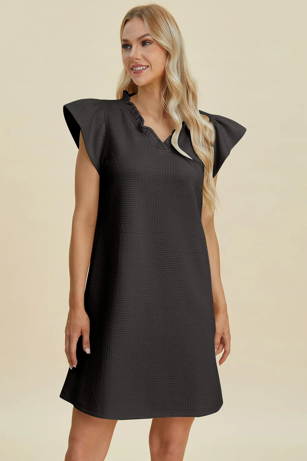Double Take Full Size Ruffled V-Neck Cap women Sleeve Dress.