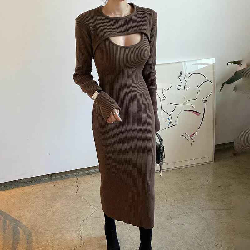 Hollow out shawl sweater slim fit slit suspender dress two-piece set for women