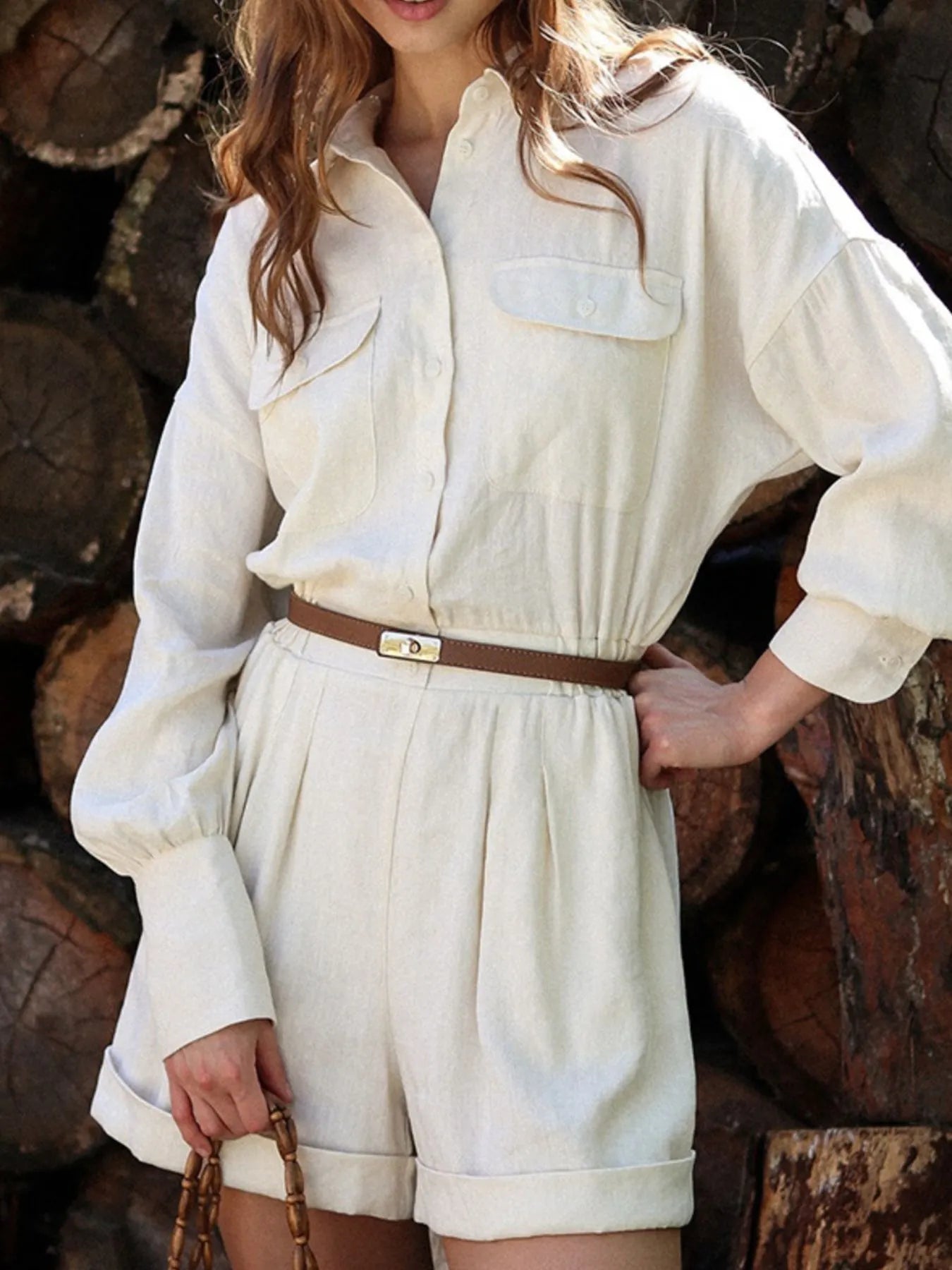 Casual Button Front Long Sleeve Romper.