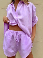 Casual Cotton Linen Solid Color Sets Women Short Sleeve Loose Shirt Wide Leg Shorts Two Piece Set Woman Suits 2023 Summer eprolo