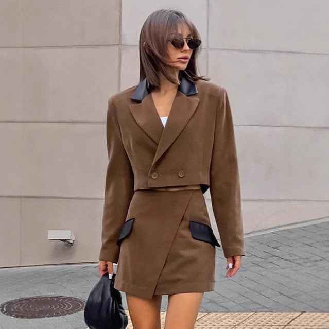 Vintage Brown Wool Suit Set for Women, Retro Blazer and Short Skirt Two-Piece Set, Elegant Style