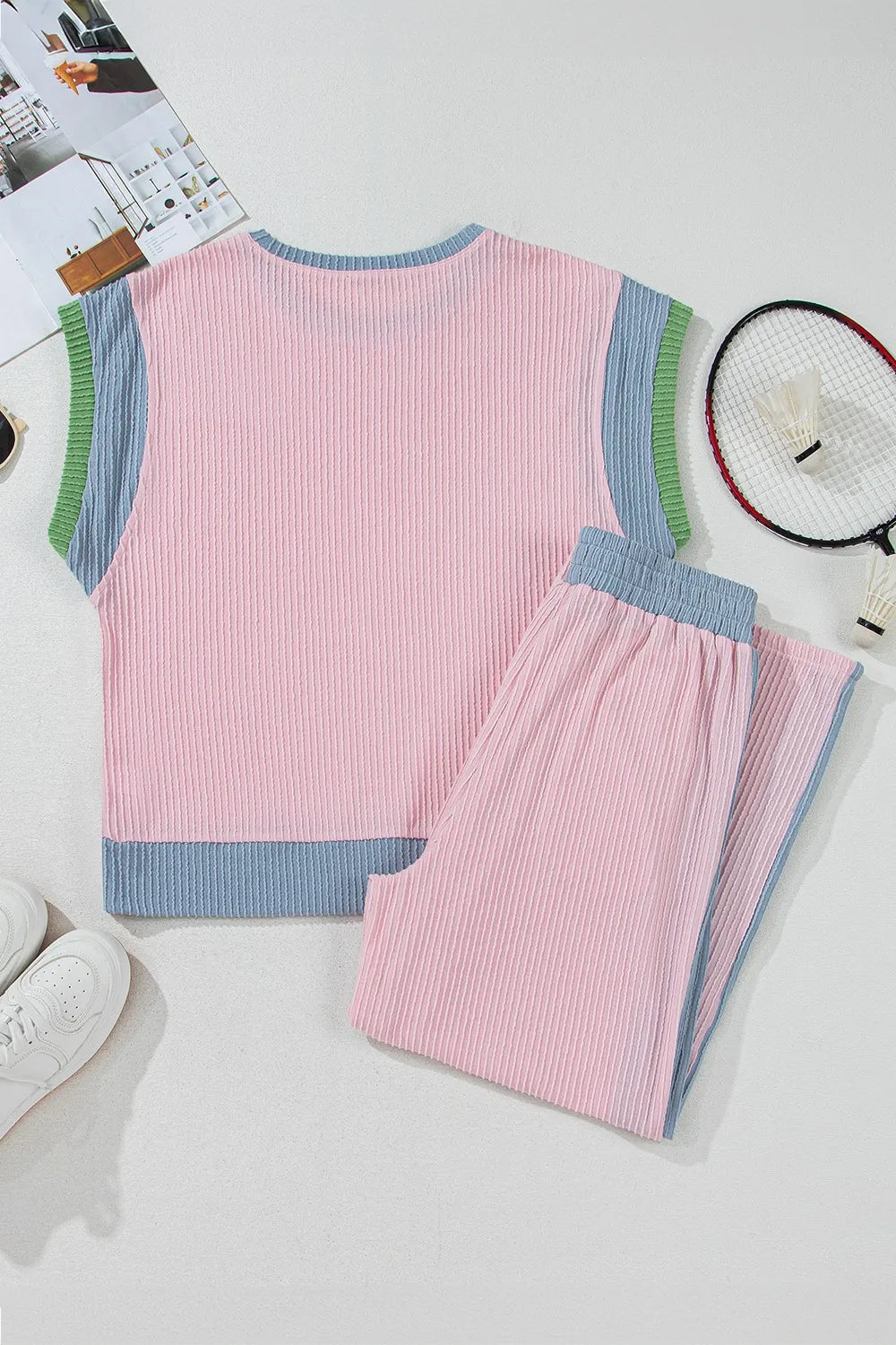 Contrast Round Neck Top and Pants Set.