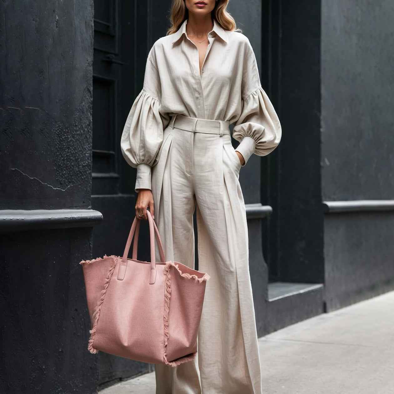 Long-sleeved Shirt Wide-leg Pants Cotton And Linen Two-piece Suit