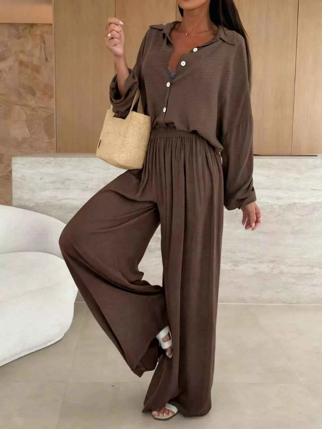 Long Sleeve Shirt and Wide Leg Pants Set