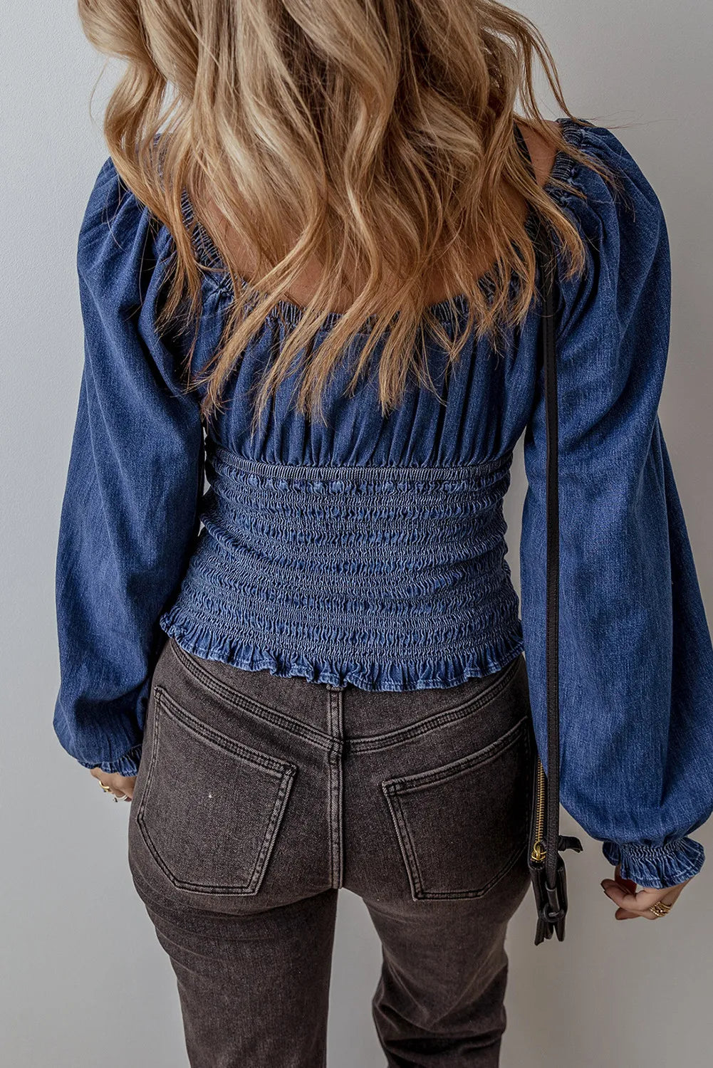 Smocked Long Sleeve Denim Top.