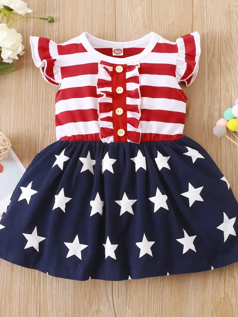 Striped & Stars Ruffled Round Neck Cap Sleeve Dress.