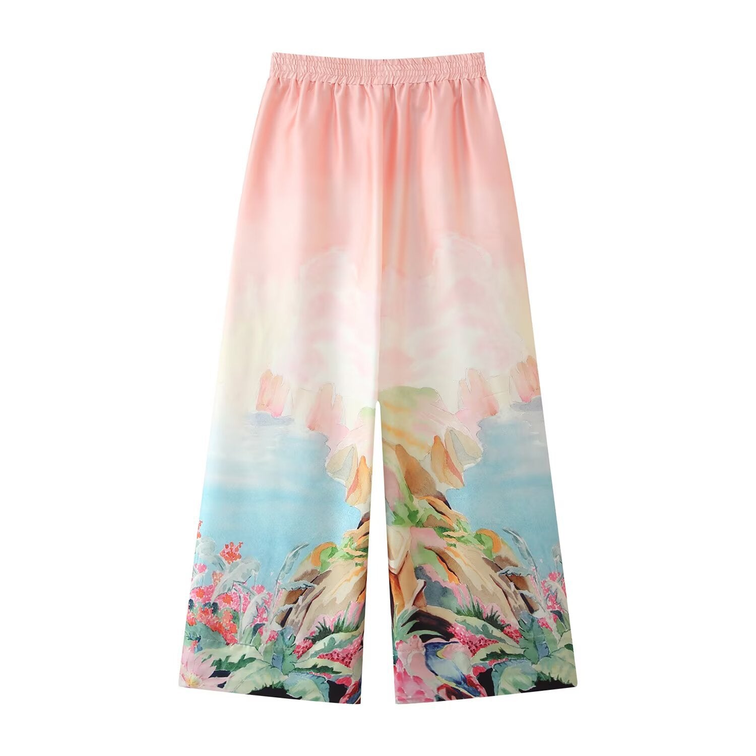 Large silhouette twill printed shirt+straight leg pants set