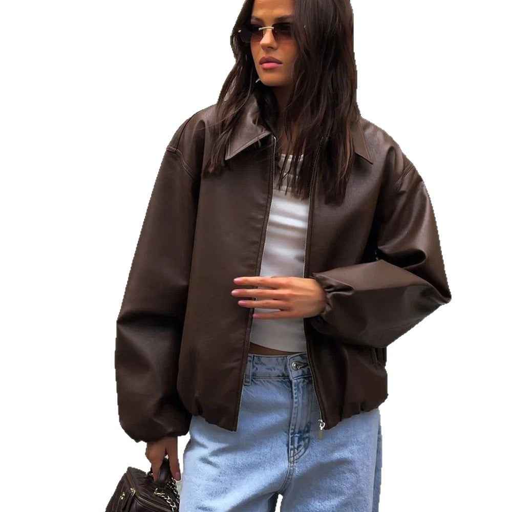 Zipper style faux leather jacket for women's clothing