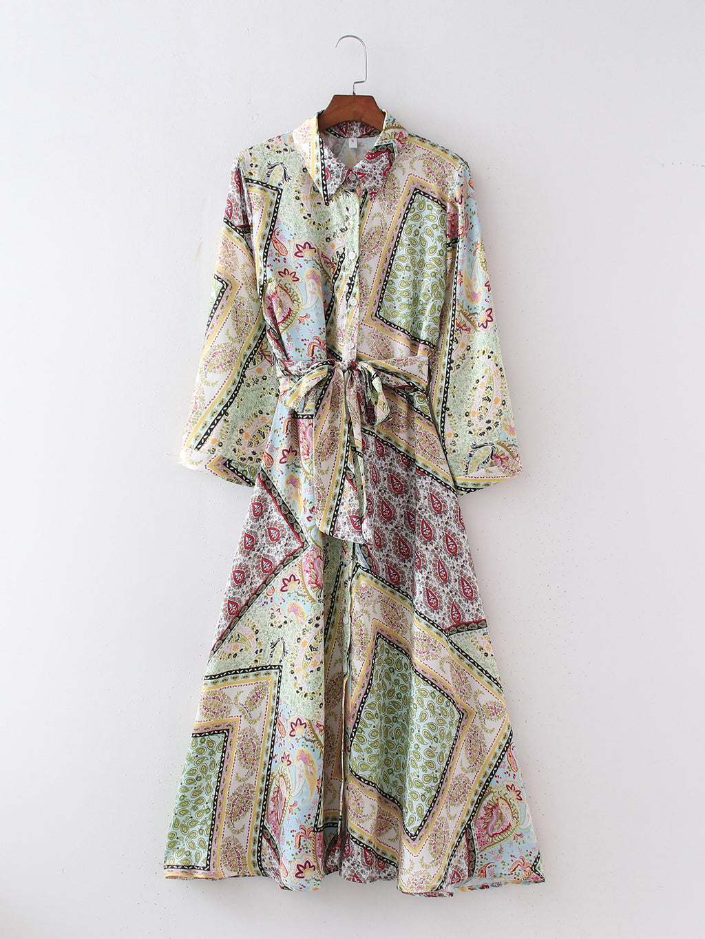 Color-Blocked Floral Patchwork Maxi Dress with Belt