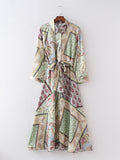 Color-Blocked Floral Patchwork Maxi Dress with Belt