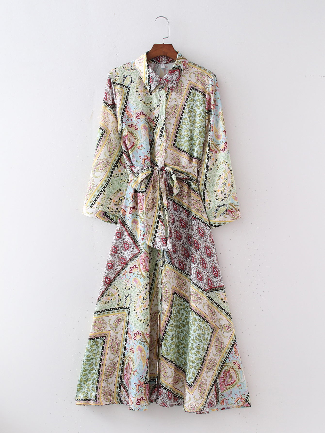 Color-Blocked Floral Patchwork Maxi Dress with Belt